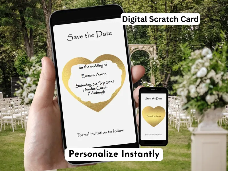 Wedding save the date digital scratch card showing personalised names and date reveal on smartphone