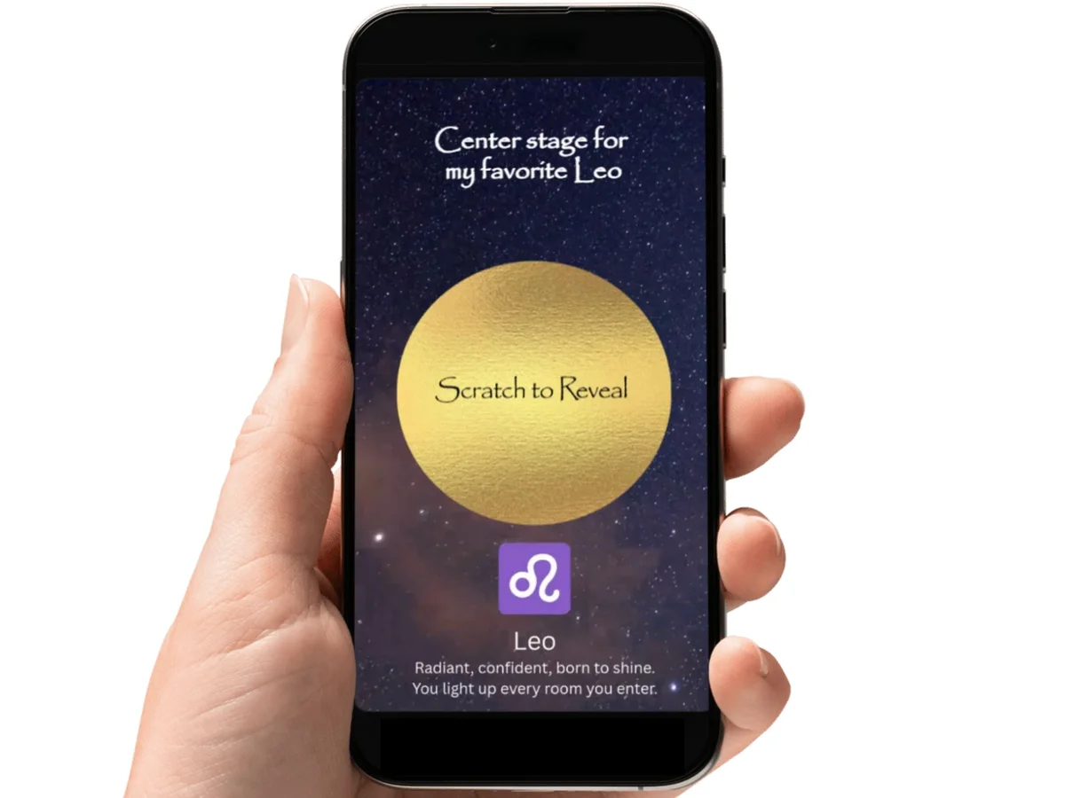 Leo zodiac digital birthday scratch card featuring a starry night sky, purple Leo symbol, and a golden scratch-off reveal