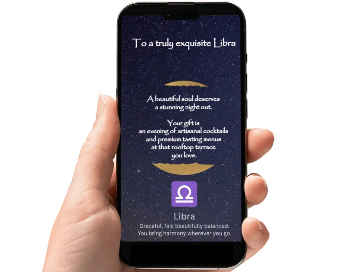 Libra zodiac scratch card featuring a starry night sky, purple Libra symbol icon, and a golden scratch-off circle reveal