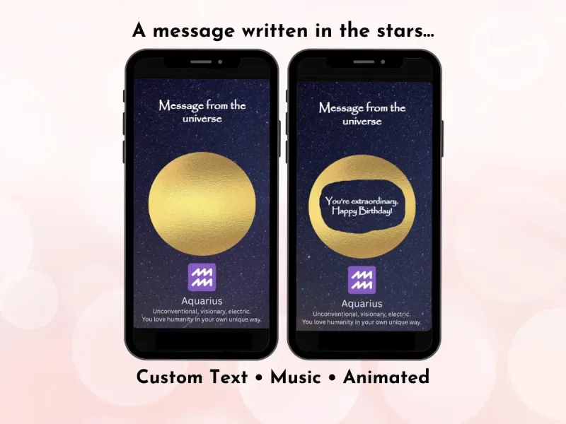 Aquarius zodiac birthday digital scratch card with water bearer and air sign design and gold foil scratch reveal