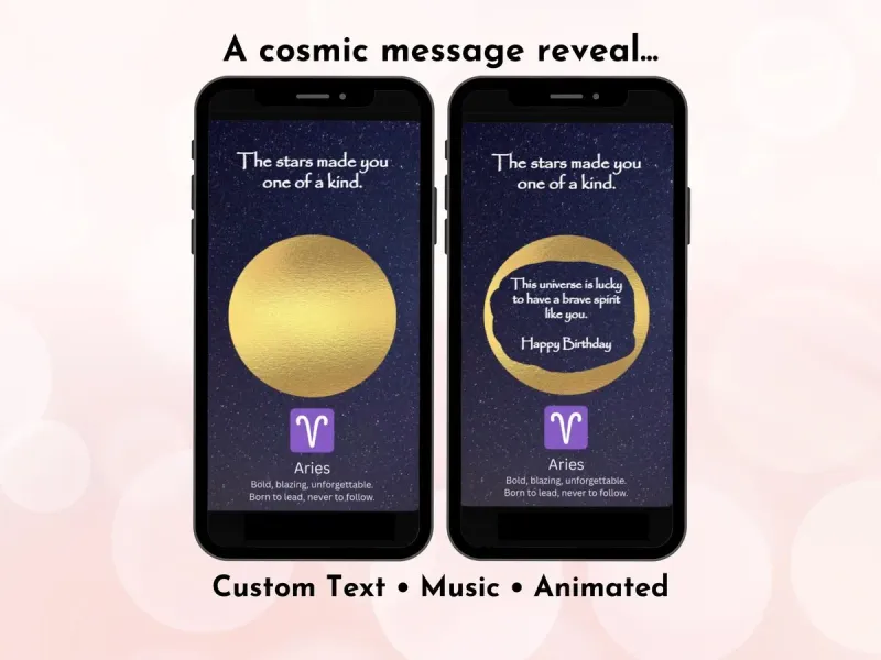 Aries zodiac birthday digital scratch card with ram and fire sign design and gold foil scratch reveal