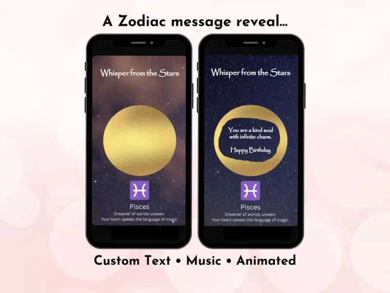 Pisces zodiac birthday digital scratch card with fish and water sign design and gold foil scratch reveal