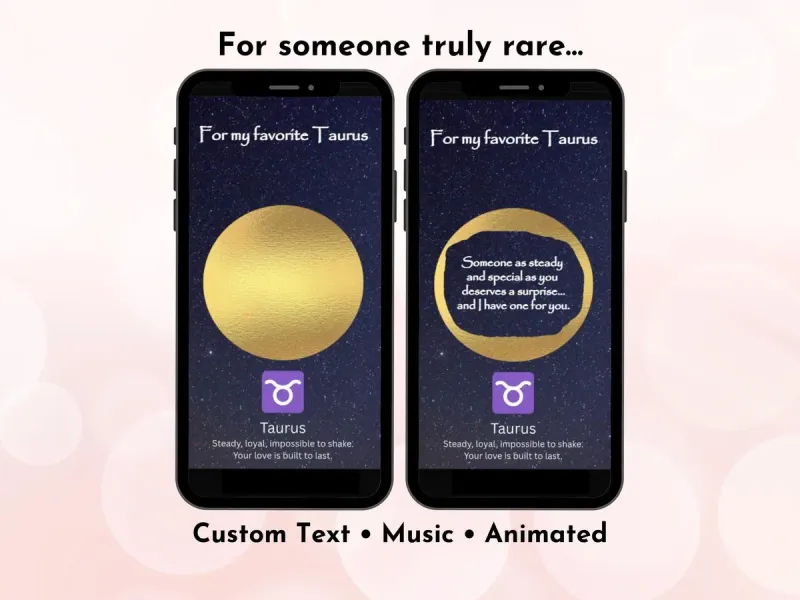 Taurus zodiac birthday digital scratch card with bull and earth sign design and gold foil scratch reveal